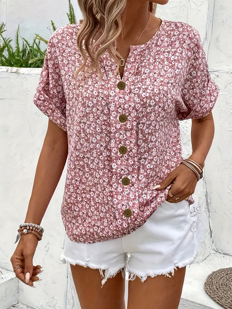 Gelin | Floral Print Short Sleeve Button-Front Blouse