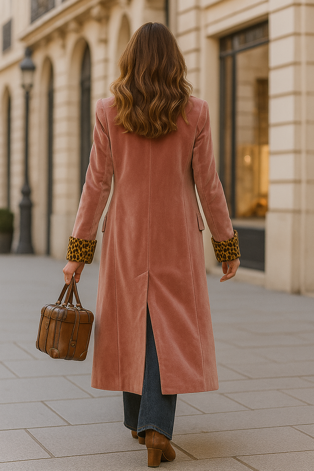 Rina | Revers Double-Breasted Velvet Leopard Coat