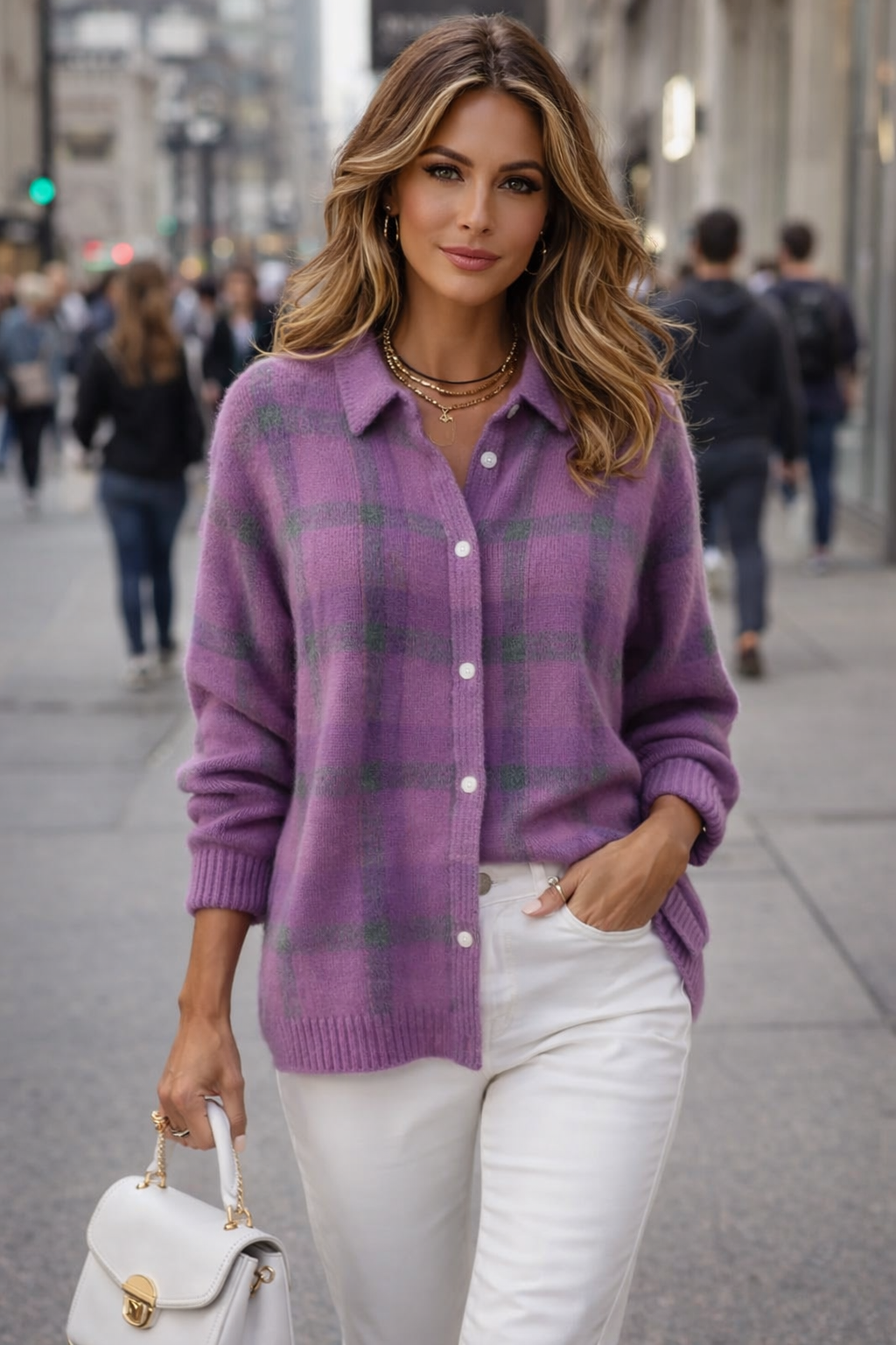 Anna | Soft Checkered Pattern Knit Cardigan