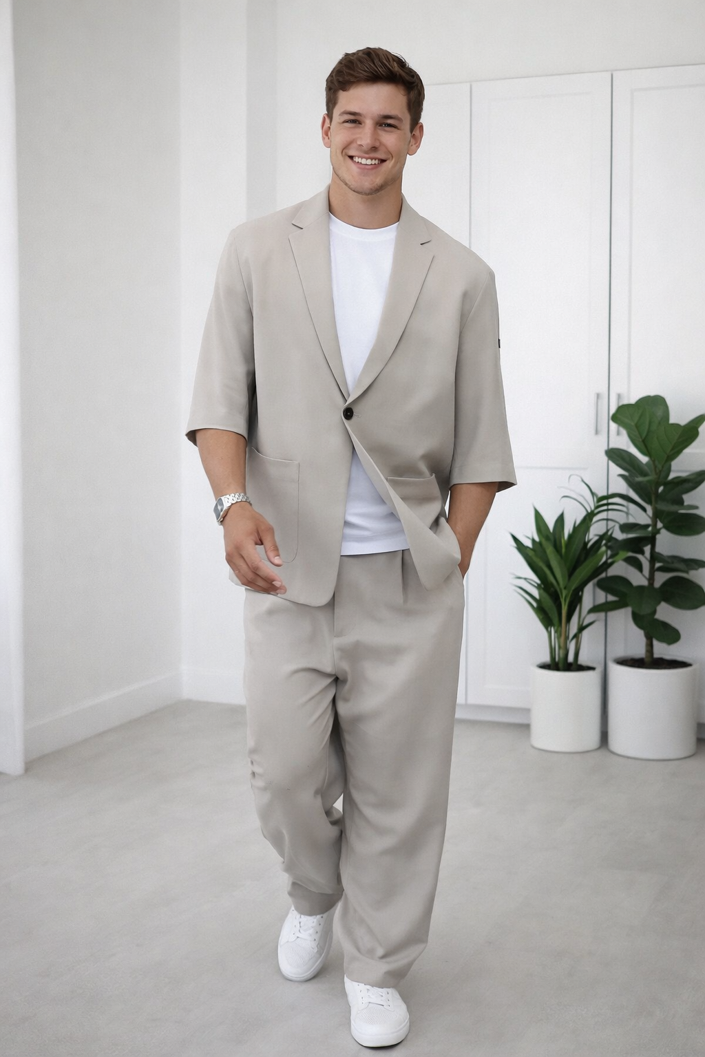 Theo | Modern Minimalist Short Sleeve Blazer & Pants Set