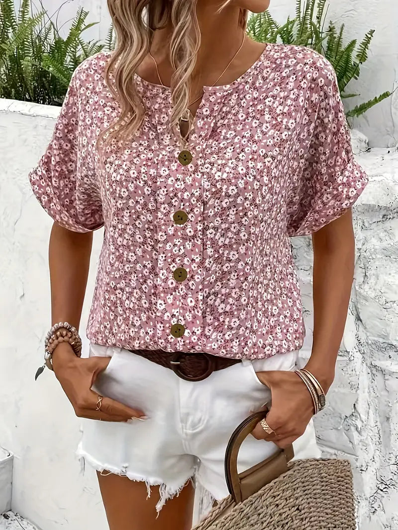 Gelin | Floral Print Short Sleeve Button-Front Blouse
