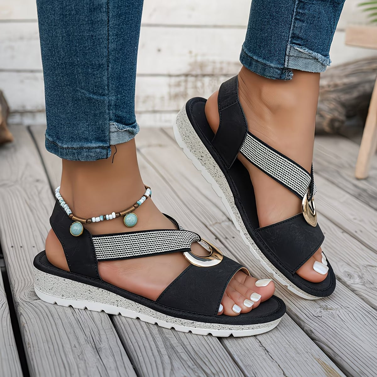 Aivela | Women's Flat Sandals with Metal Ring