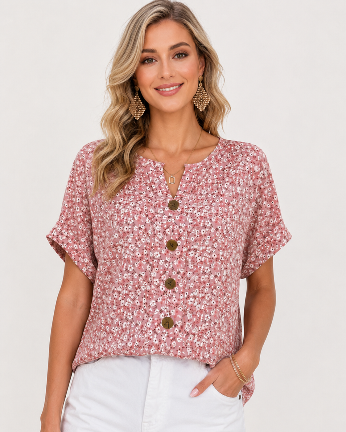 Gelin | Floral Print Short Sleeve Button-Front Blouse