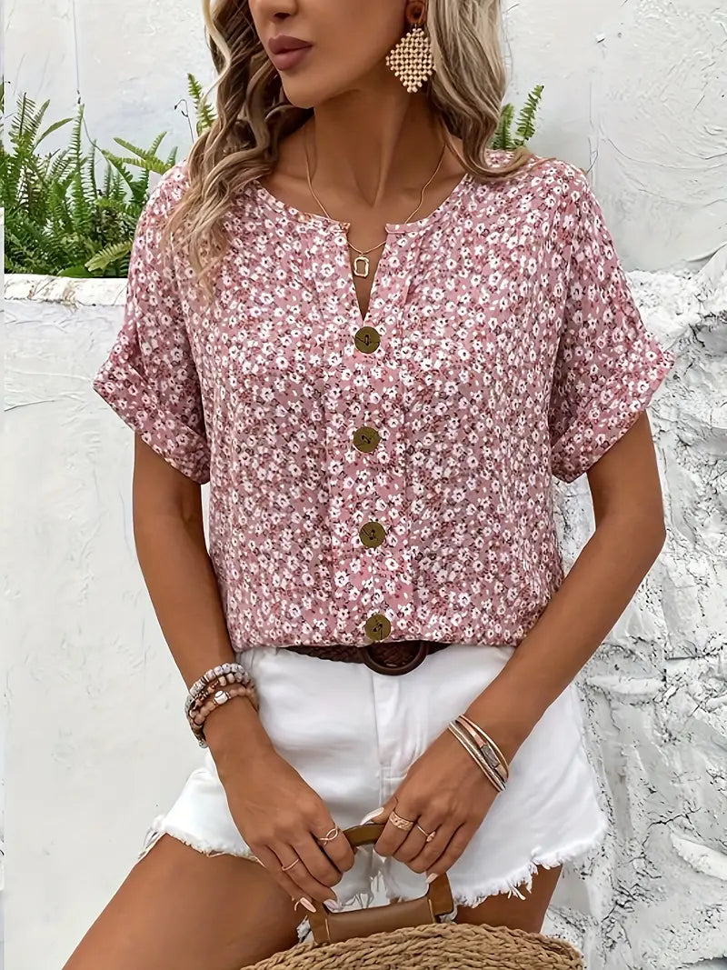 Gelin | Floral Print Short Sleeve Button-Front Blouse