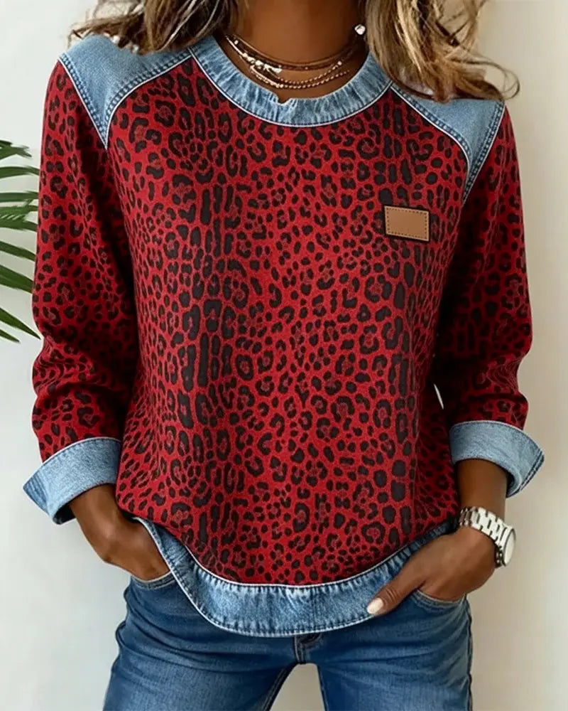 Alina | Leopard Print Patchwork Denim Sweater