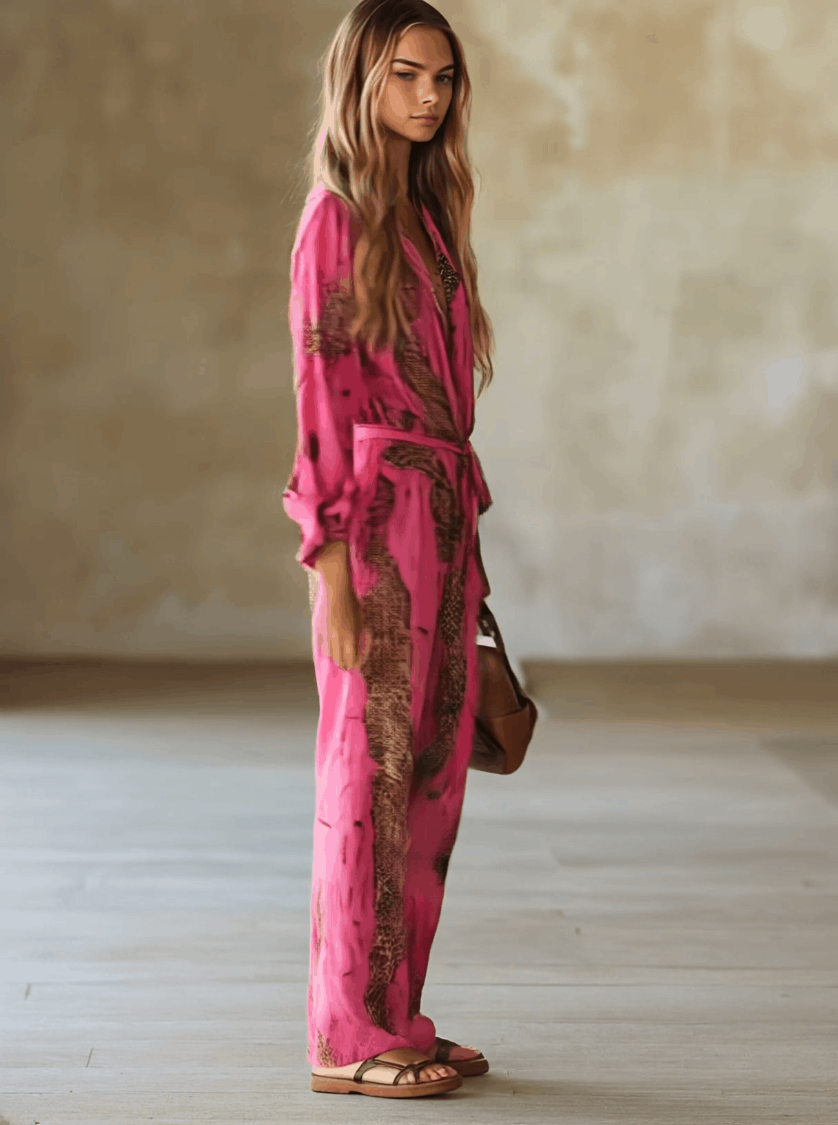 Rose-Pink Leopard Print Chiffon Jumpsuit - Relaxed Fit, Long Sleeve