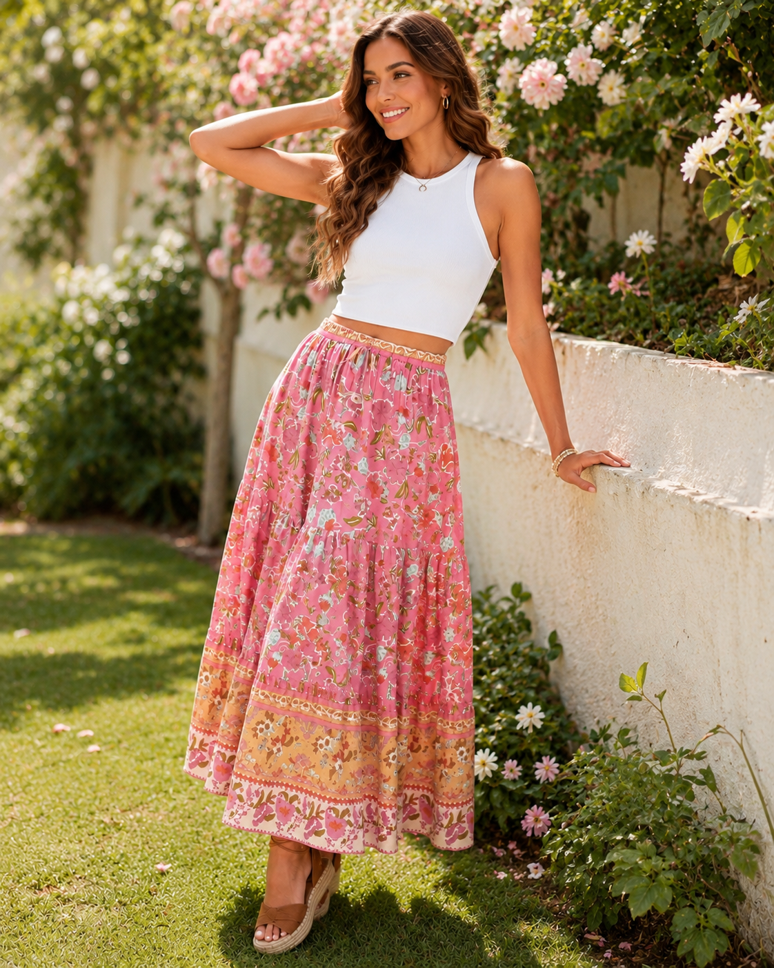 Rin | Pink Floral Boho Maxi Skirt