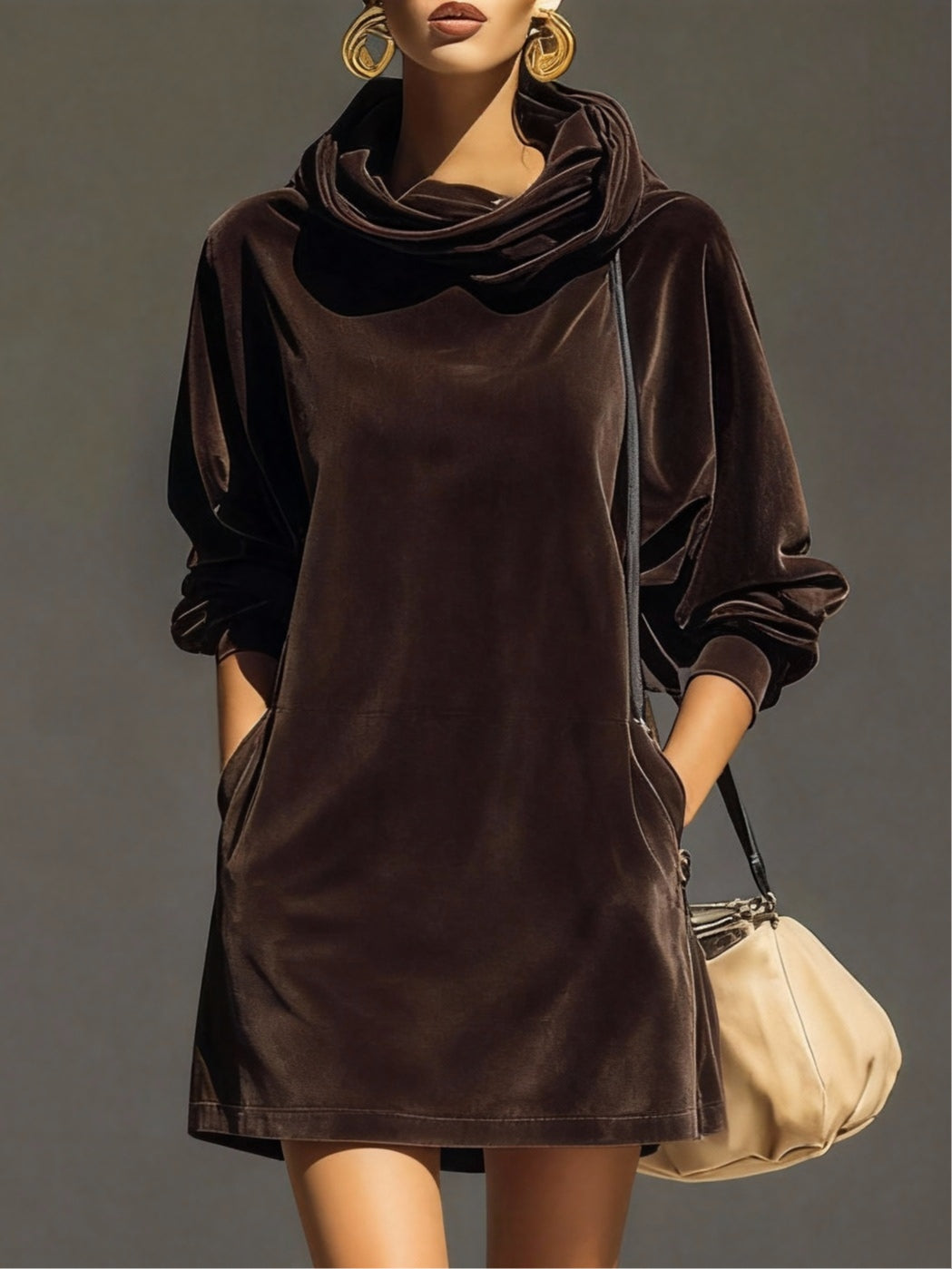 Elia | Vintage Brown Velvet Hoodie Dress