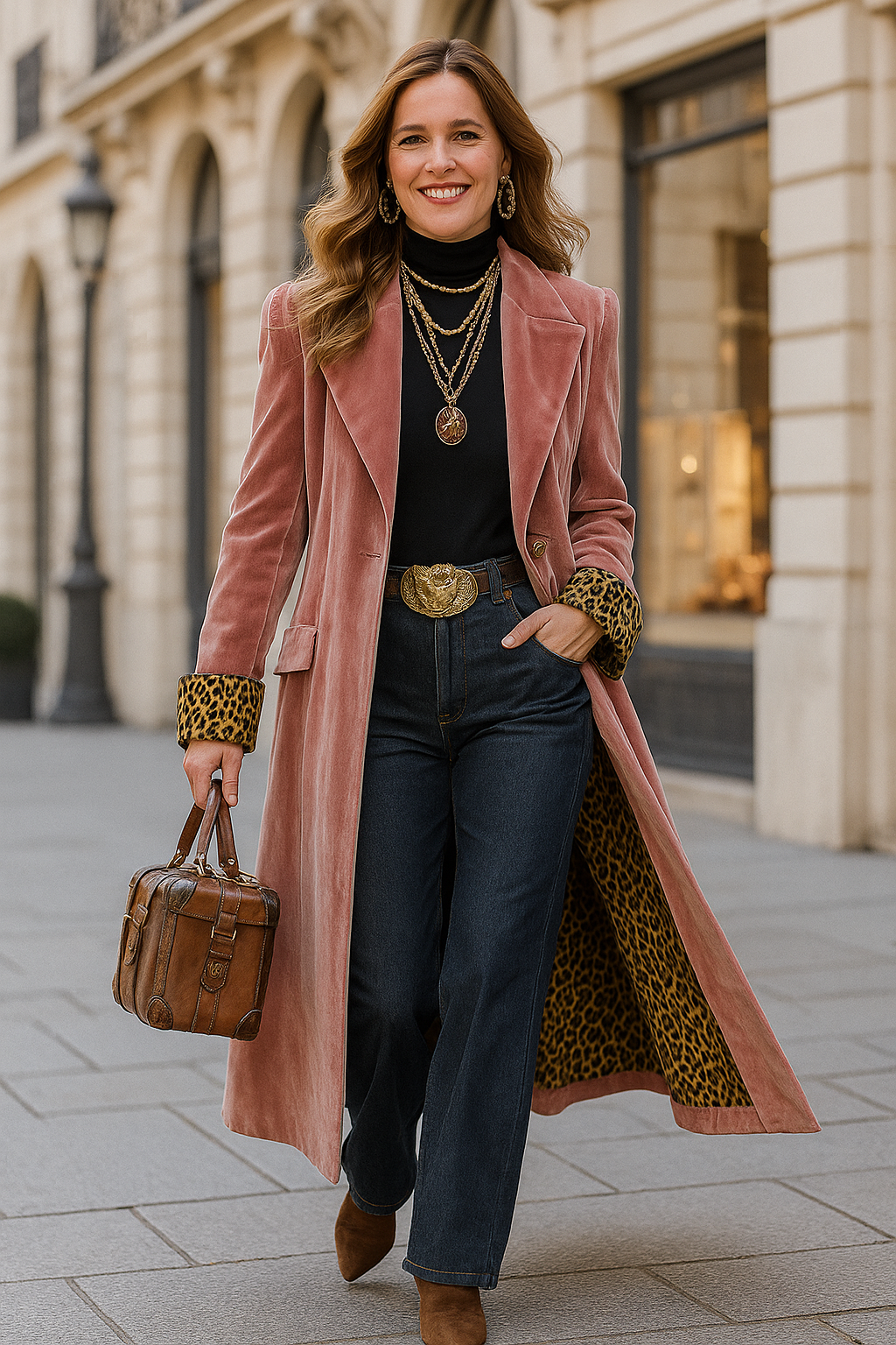 Rina | Revers Double-Breasted Velvet Leopard Coat