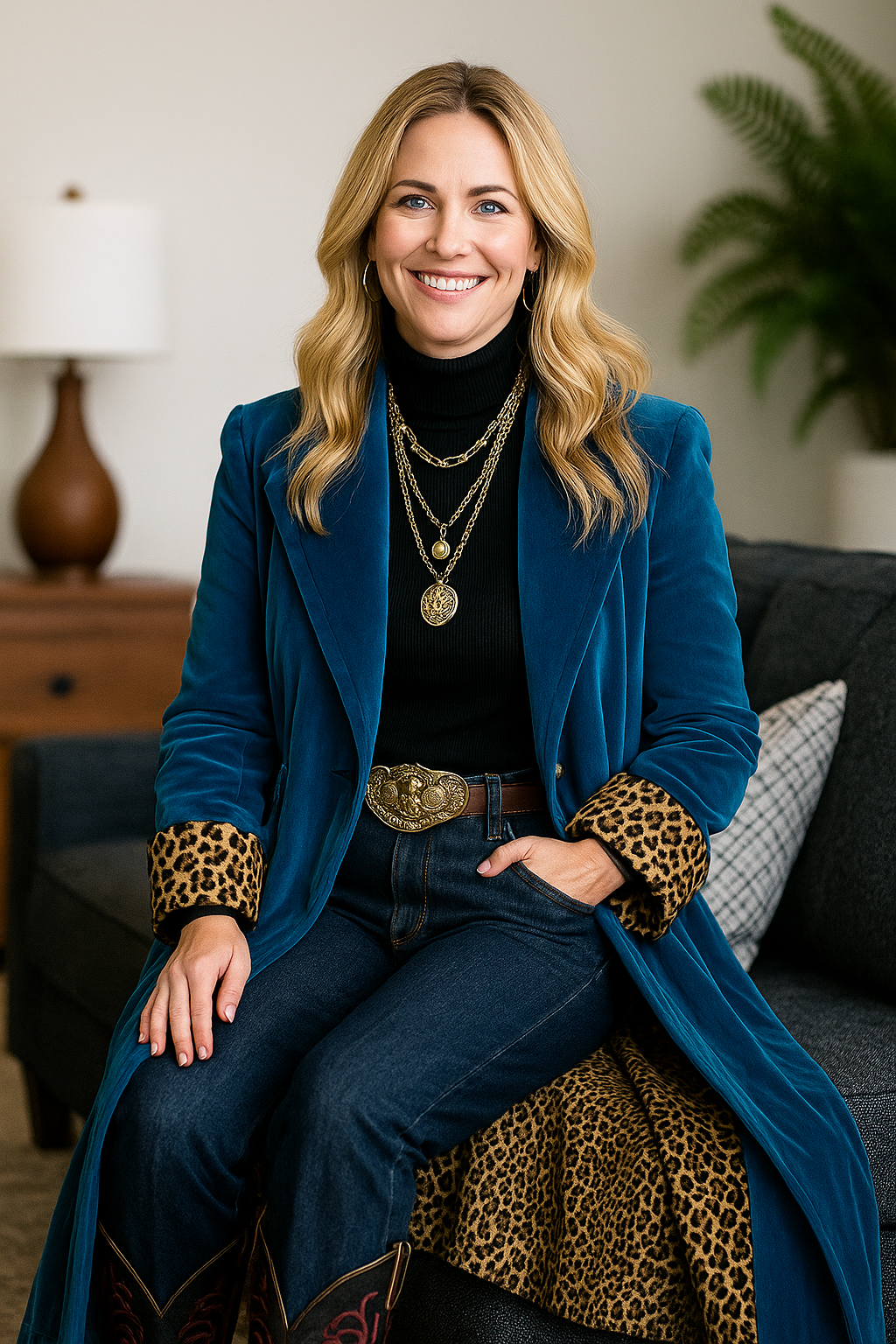 Rina | Revers Double-Breasted Velvet Leopard Coat