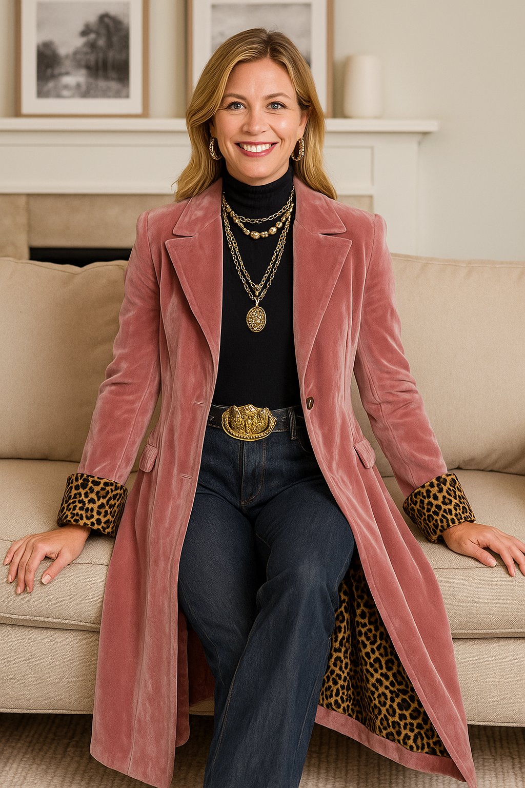 Rina | Revers Double-Breasted Velvet Leopard Coat