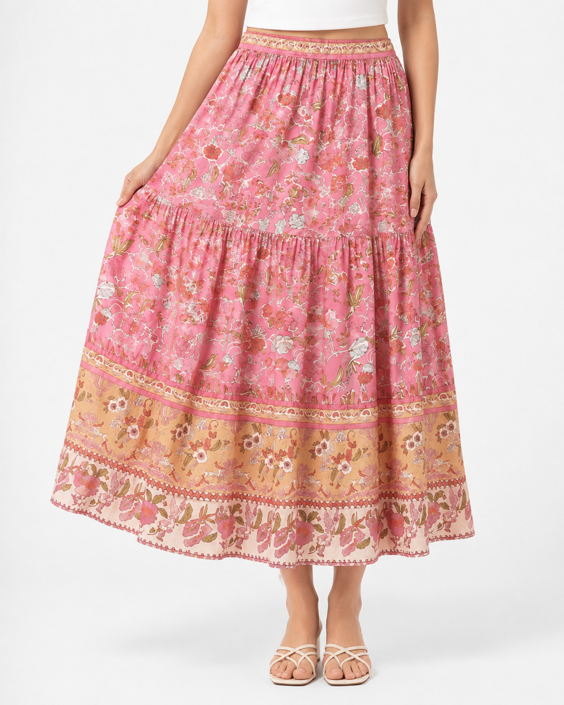Rin | Pink Floral Boho Maxi Skirt