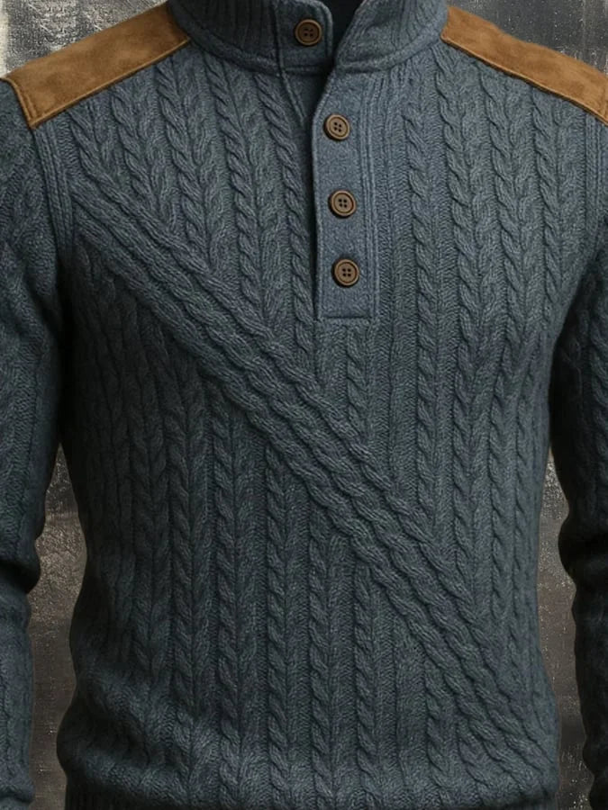 Elias | Retro Stitching Contrast Color Button Stand Collar Wool Sweater