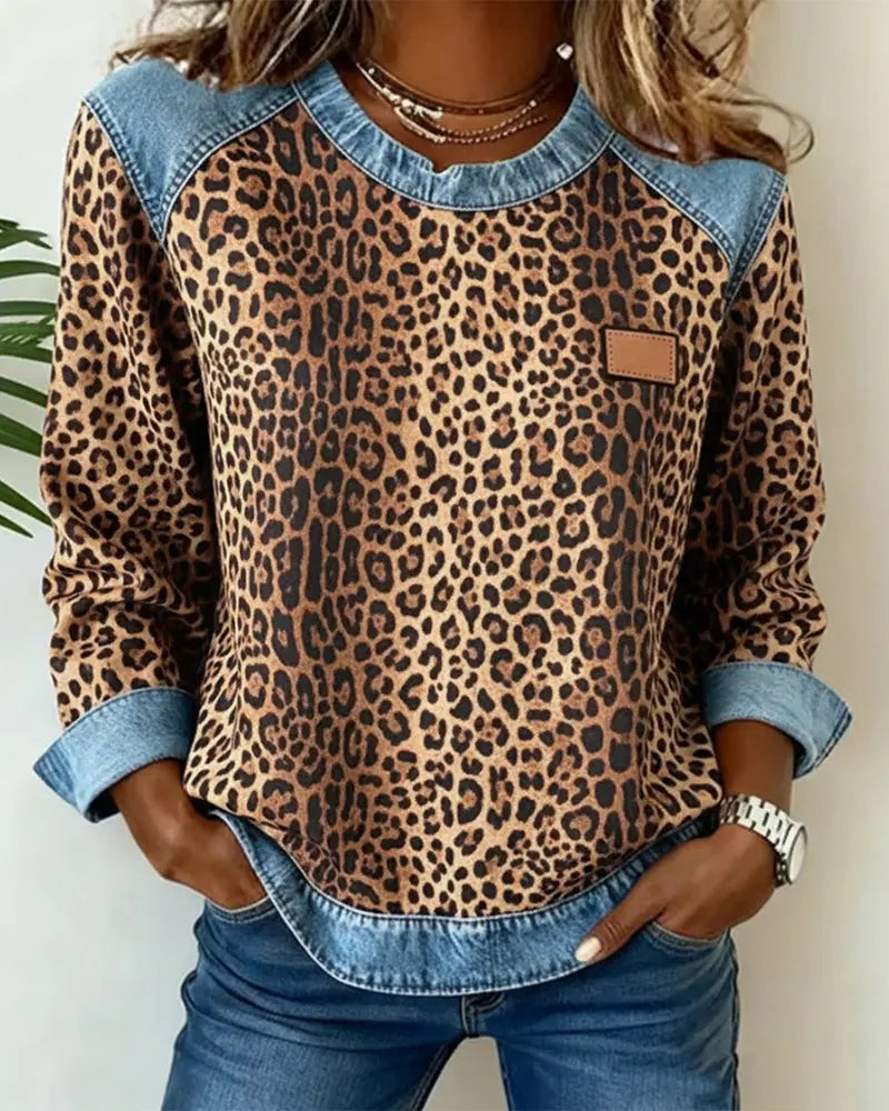Alina | Leopard Print Patchwork Denim Sweater