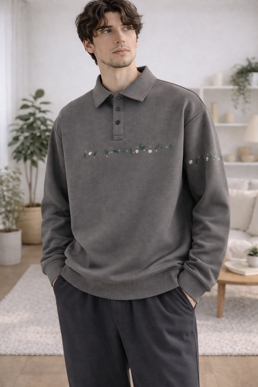 Chris | Embroideried Button Cotton Sweatshirts