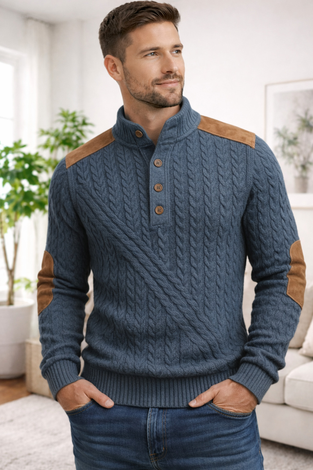 Elias | Retro Stitching Contrast Color Button Stand Collar Wool Sweater