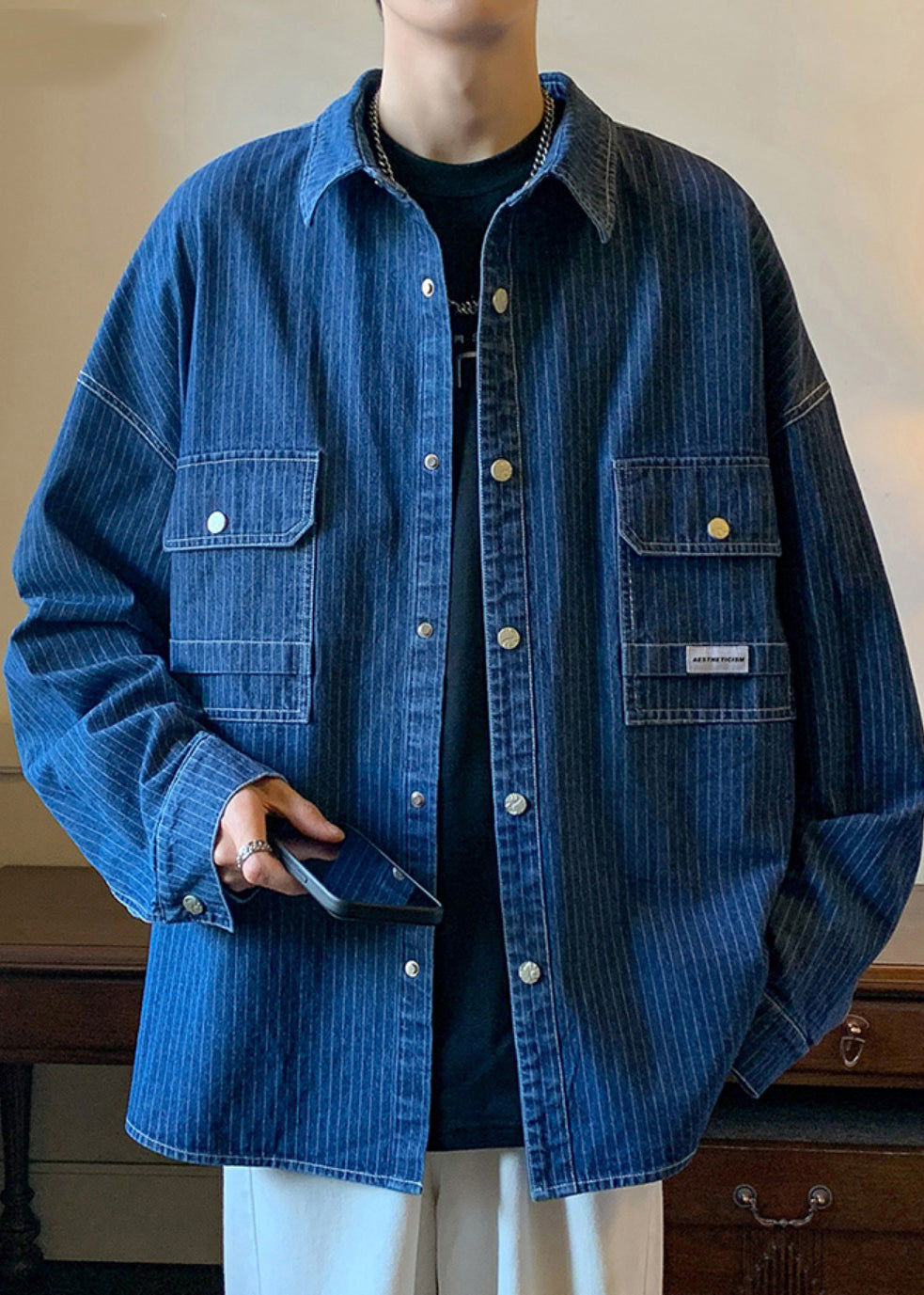 Anton | Striped Pockets Denim Coat