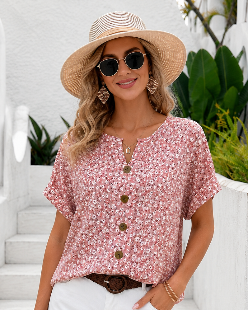 Gelin | Floral Print Short Sleeve Button-Front Blouse