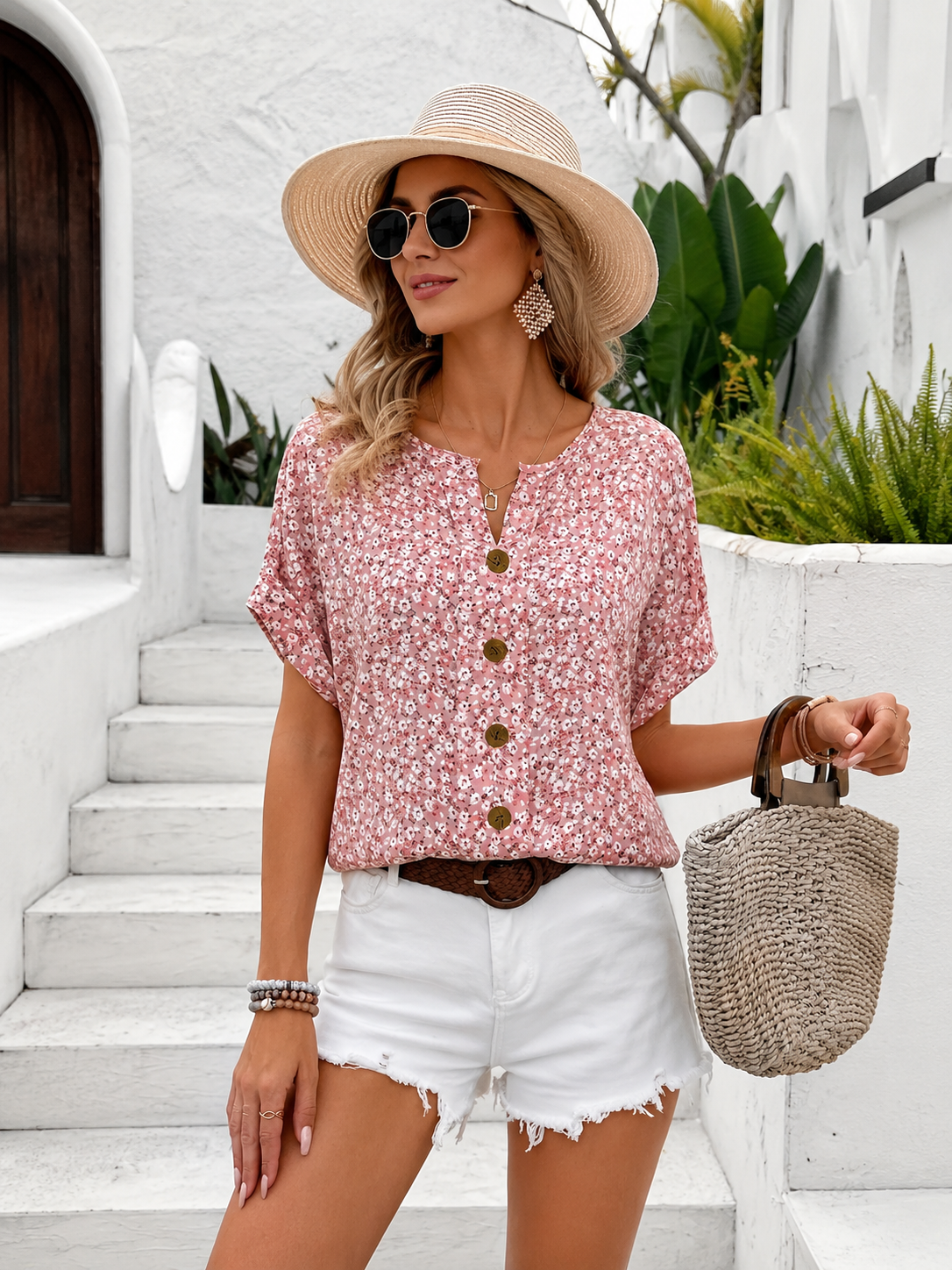 Gelin | Floral Print Short Sleeve Button-Front Blouse