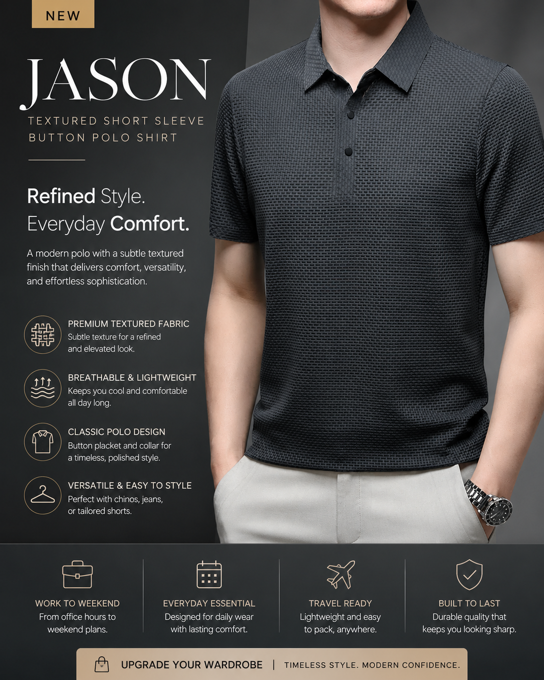 Jason | Textured Short Sleeve Button Polo Shirt