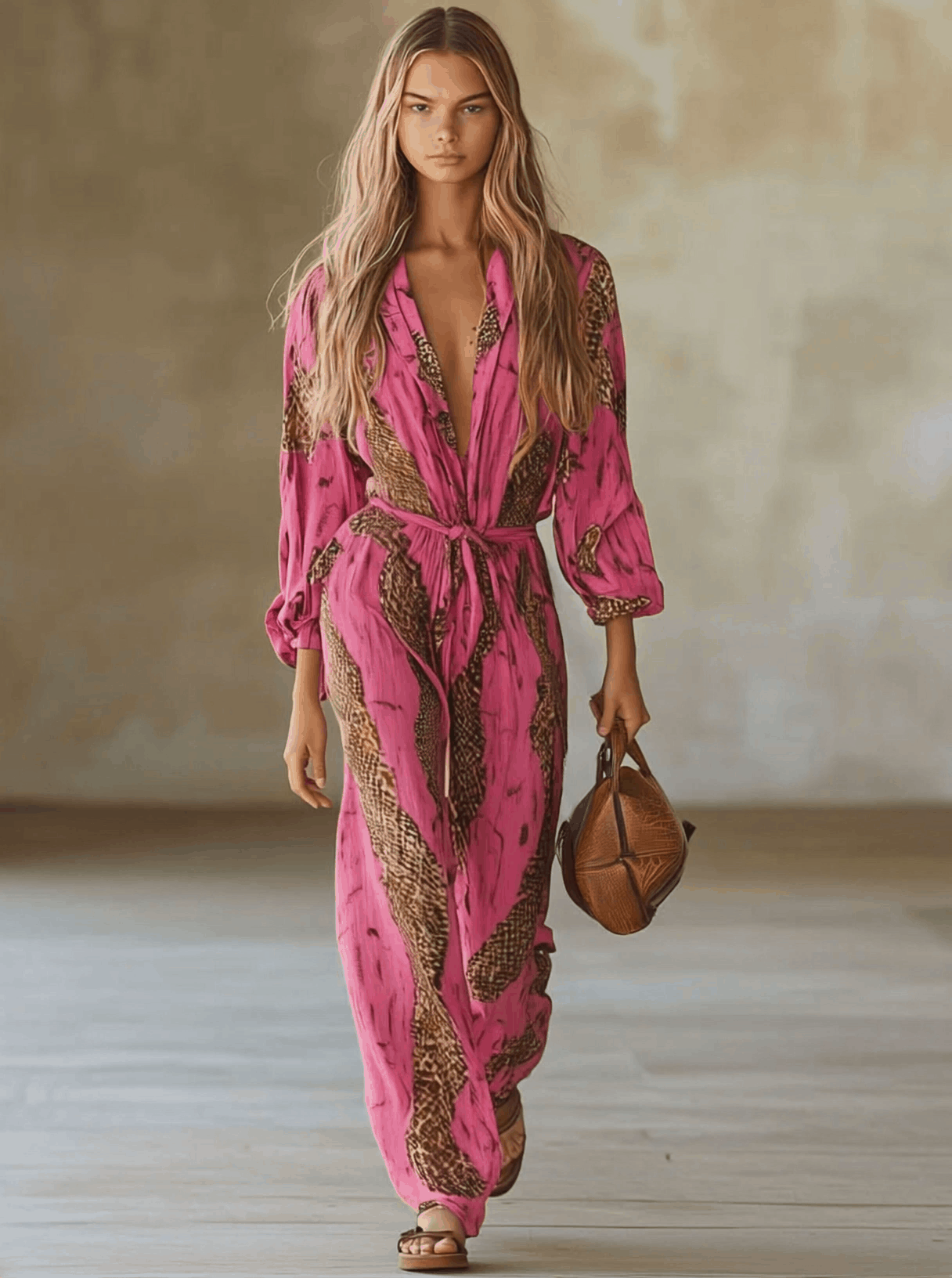 Rose-Pink Leopard Print Chiffon Jumpsuit - Relaxed Fit, Long Sleeve