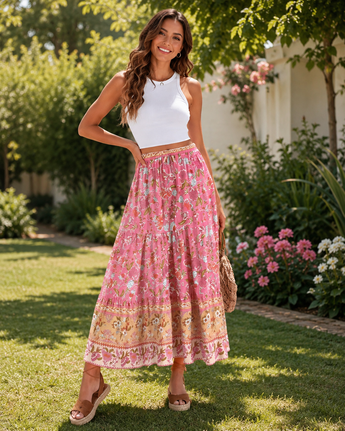 Rin | Pink Floral Boho Maxi Skirt