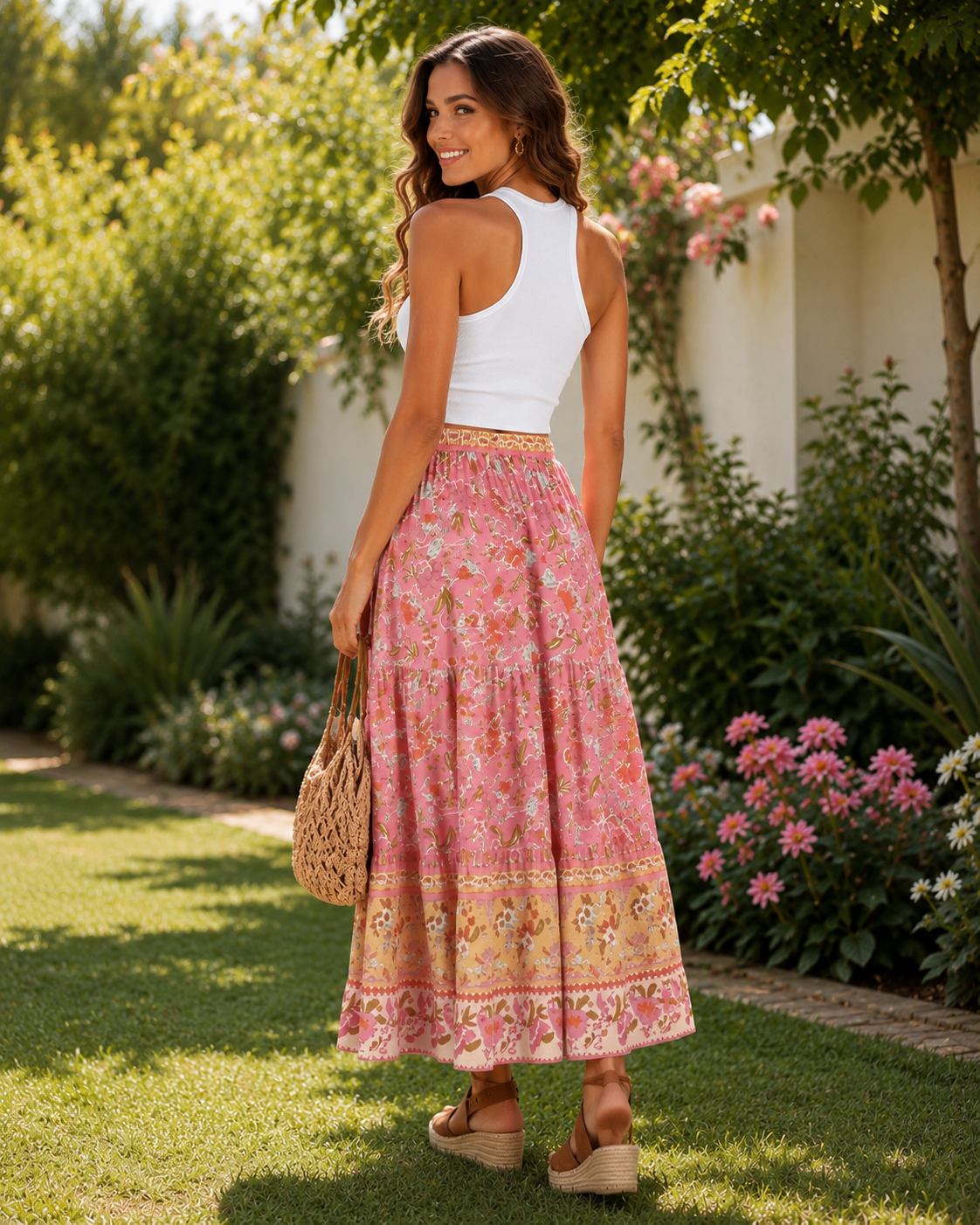 Rin | Pink Floral Boho Maxi Skirt