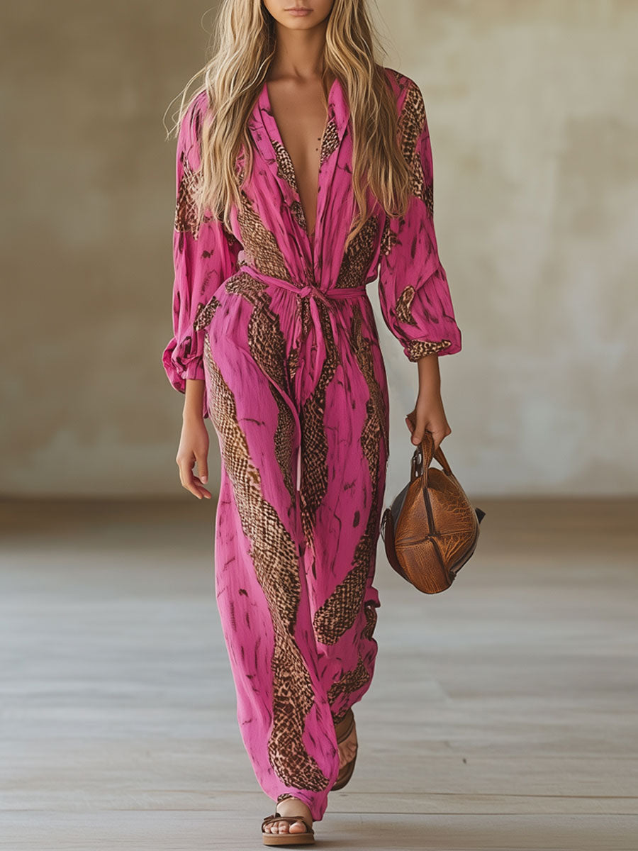 Rose-Pink Leopard Print Chiffon Jumpsuit - Relaxed Fit, Long Sleeve