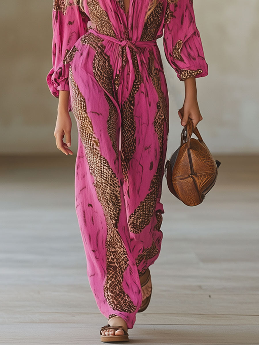 Rose-Pink Leopard Print Chiffon Jumpsuit - Relaxed Fit, Long Sleeve